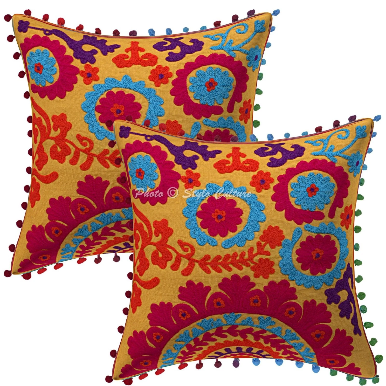 Decorative Throw Pillow Covers Suzani Embroidered Pom Pom Cotton 40x40 cm Boho