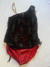 black Weissman one-shoulder dance leotard red shimmer bottoms Sm Adult
