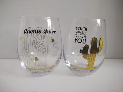 Set of 2 Circleware Cactus Stemless Wine Glasses ''Cactus Juice  &  Stuck on You''