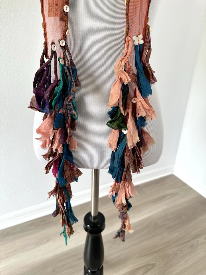 Chan Luu 2 Way Choker Shreds Scarf Boho Long Buttons Multicolor - Image 4 of 4