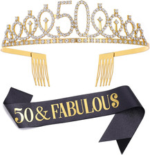 Black Gold "50 Fabulous"Sash Rhinestone Tiara Set, 50Th Birthday Gifts for W