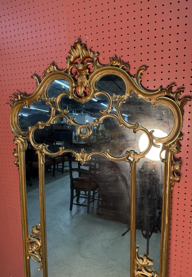 Espejo antiguo francés tallado dorado Luis XV estilo rococó circa 1890 72" de alto Foto 2 de 4