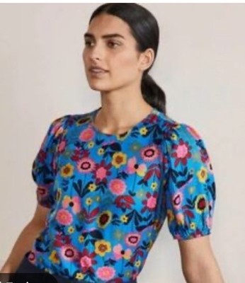 Boden Womens Sz 10 Silk Blend Top Blue Floral