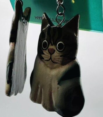 Tiger Lily Hand Painted Cat Pierced Earrings Dangle Tomcat Feline Tabby Twins ￼