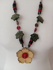 Retro Multicolour Wood Floral & Leaf-Shell Disc Bead Cord Necklace-Adjustable 
