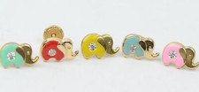 14k Yellow Gold Baby Enamel and CZ Elephant earrings, Screw Back