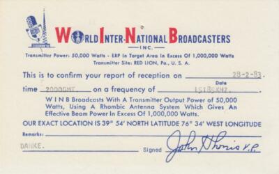 QSL KARTE WINB Red Lion Pennsylvania KW 15185 kHz von 1983