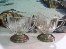 Vintage Art Deco Italian Glass and Silver Plate Base Creamer & Sugar Bowl
