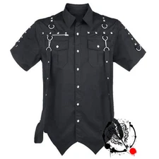 Gothic Half Sleeve Studs Shirt - Punk Studded Spread Collar Black Shirt For Men'