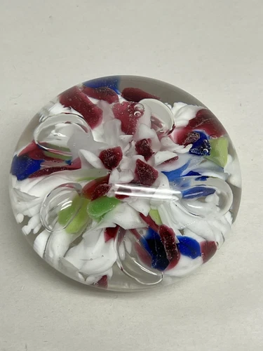 Joe St Clair Glass Paperweight Controlled Bubble Red White Blue Green - HTF