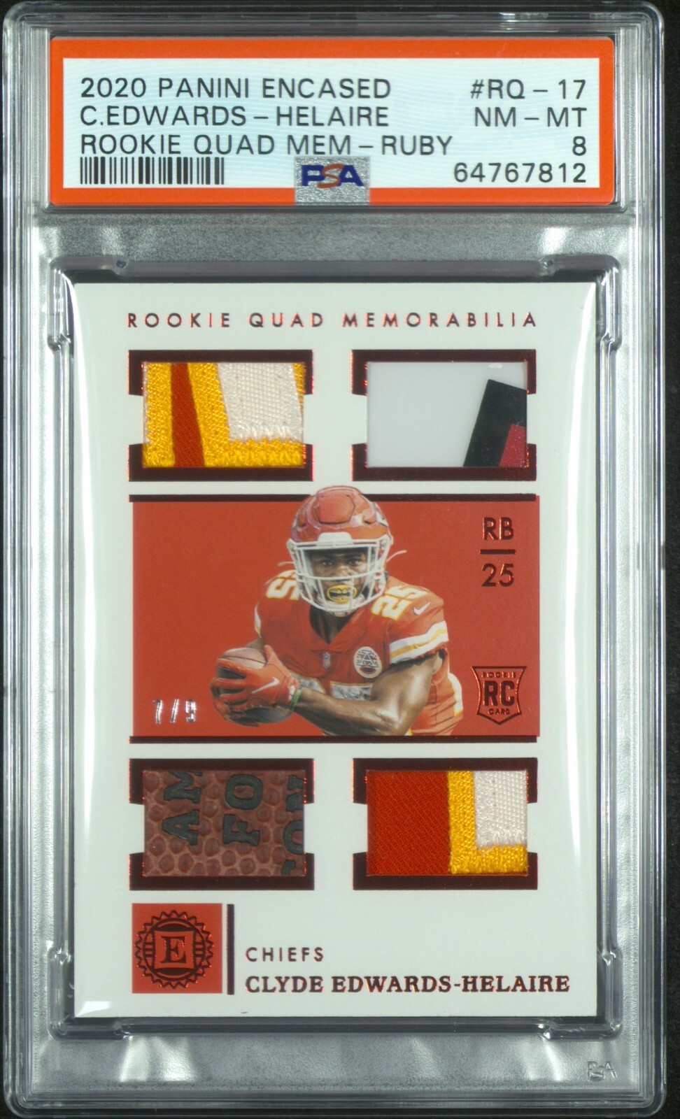 Clyde Edwards-Helaire Panini Encased Rookie Quad Memorabilia #RQ17 Ruby