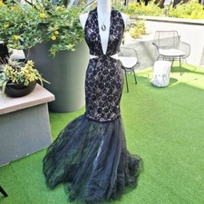 NOVA LUXE FLOOR LENGTH GOWN | Black Tulle Hem Deep V-Neck Halter Cut-Outs Dress