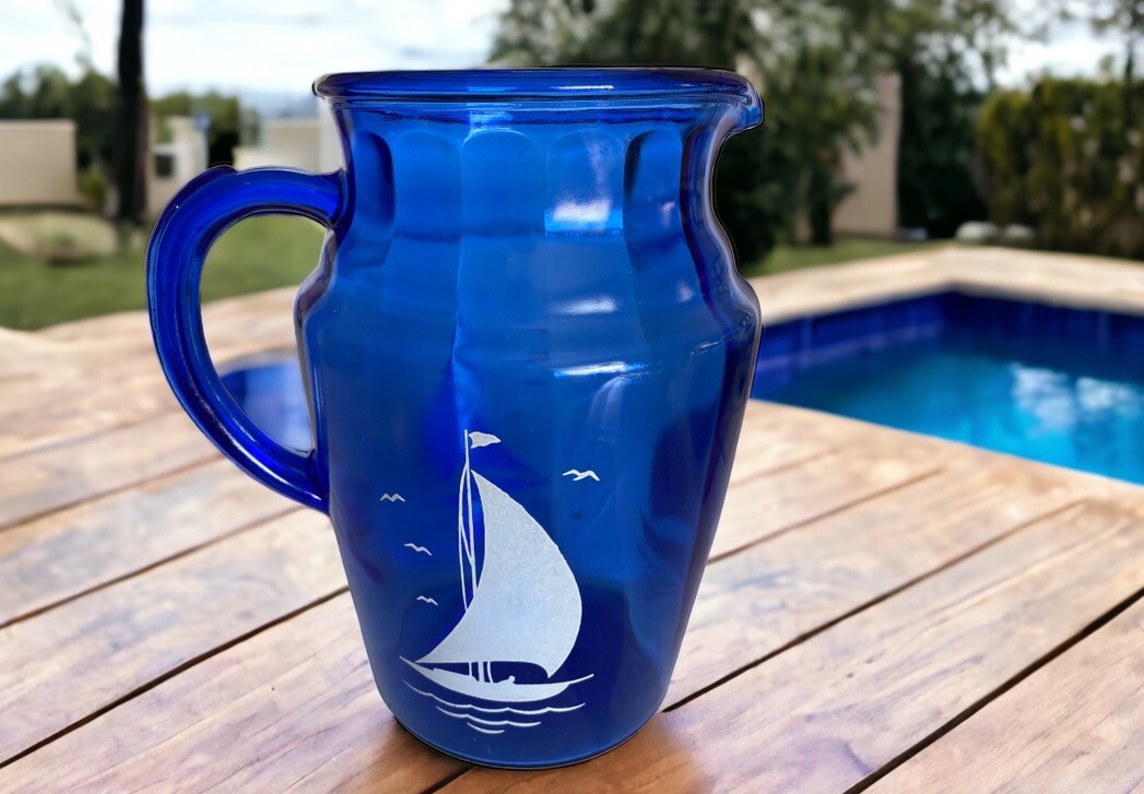 Vintage Hazel Atlas Cobalt Blue Glass Pitcher Sailboat Seagulls