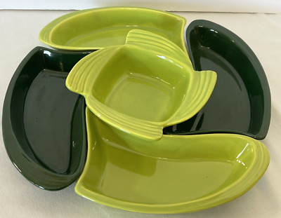 VTG SERVING SET 5-PIECE DON JAY OF CALIFORNIA POTTERY #530 SNACK LIME/DARK GREEN