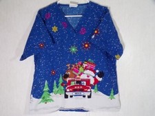 UA Scrubs Womens Scrub Top Size Small Blue Christmas Santa 911 Snowflakes