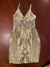 Fancy ivory gold sequined cocktail dress with adjustable stretchy straps