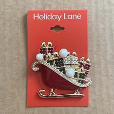 HOLIDAY LANE Gold-Tone Multicolor Crystal & Imitation Pearl Sleigh Pin