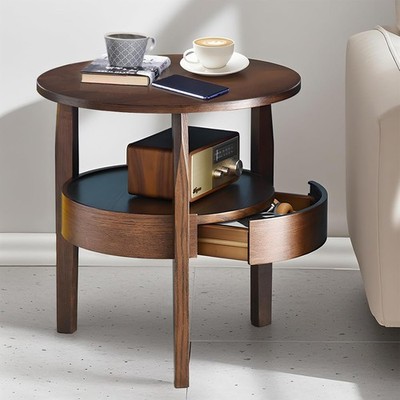 Round Coffee Table with Storage and Hidden Drawer - 20'' D x 20'' H Natural Wood S