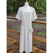 Polka Dot Square Neck Midi Dress Puff Sleeve Retro Vintage Cream Black Tie Waist
