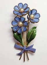 1950s Vintage Signed Crown Trifari Blue Enamel Gold-Tone Flower Pin