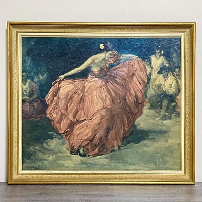 Vintage Der rote Rock Flamenco Spanische Tänzerin 1956 signiert Kunstdruck FRS gerahmt