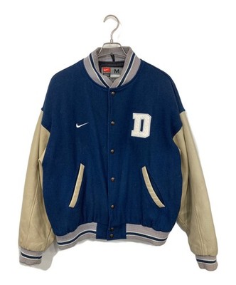 Authentic NIKE Leather-trimmed Varsity Jacket M Blue/Beige Men  #3637