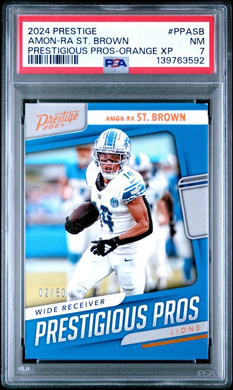 2024 PANINI PRESTIGE PRESTIGIOUS PROS ORANGE AMON-RA ST. BROWN 2/50 PSA 7