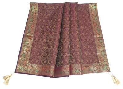 48'' Square Banarasi Dining Table Top Cover Indian Silk Woven Paisley Wine Cloth