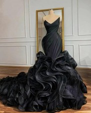 Black Gothic Mermaid Wedding Dress Bridal Gown Organza Ruffles Beach Sweep Train