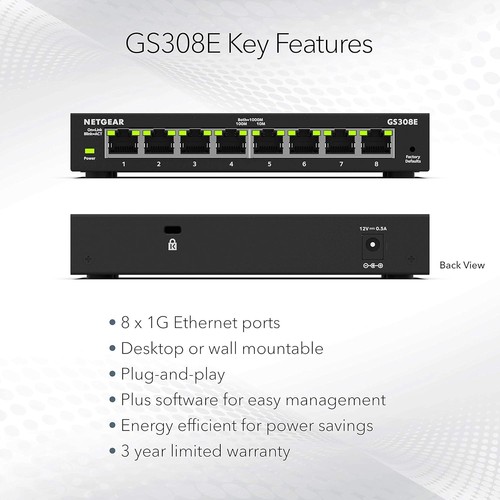 NETGEAR 8-Port Gigabit Ethernet Plus Switch (GS308E) - Desktop or Wall Mount, Ho - Afbeelding 3 van 6