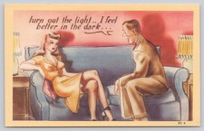Vintage Linen Postcard Risque Humor Pin-Up Turn Out The Light DC 6