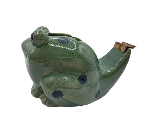 Vintage Green Ceramic Frog Tape Dispenser Office Desk Toad Desktop Decor Figural