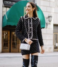 ZARA NWT SET OF COMBINATION KNIT JACKET & BALLOON KNIT MINI SKIRT BLACK / WHITE