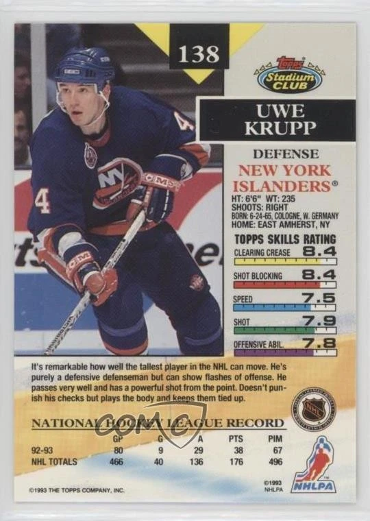 1993-94 Topps Stadium Club 1st Day Issue Uwe Krupp #138 - Image 2 of 2