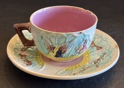 Antique Majolica Cup Saucer  Paste Butterfly And Fan READ Some Chips