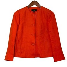 Talbots Womens 100 Linen Orange Button Front Blazer Size 4P Boxy Cut Pockets