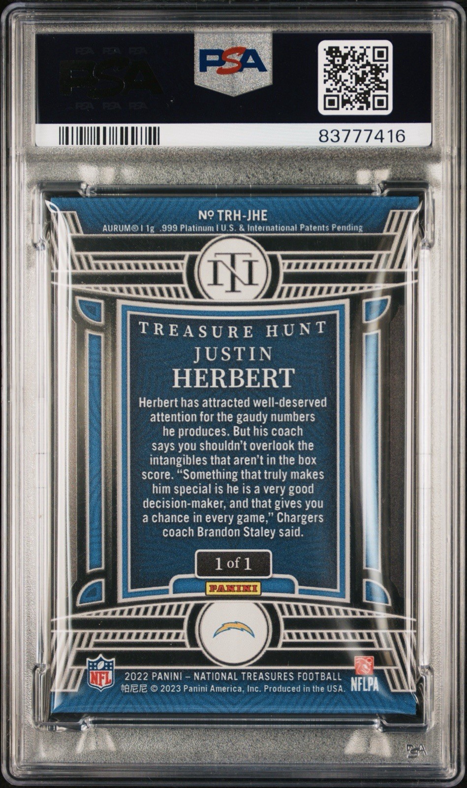 2022 NATIONAL TREASURES JUSTIN HERBERT TREASURE HUNT .999 PLATINUM 1/1 PSA 8 view 2