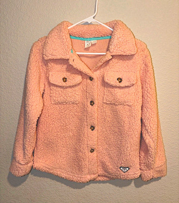 Roxy Girl Pink Fleece Jacket Button Front Collared Pockets Girls 10-12