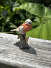 Vintage Ceramic Bisque Porcelain Bull Finch Figurine Perched on Tree Stump