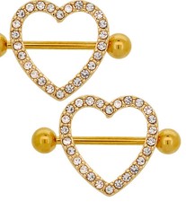 10K Yellow Gold Over Screw Shield Barbell with Heart Design Diamond Nipple Ring