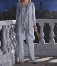 Mother of Bride Groom Church Women's Wedding beaded 3PC duster pant suit size M