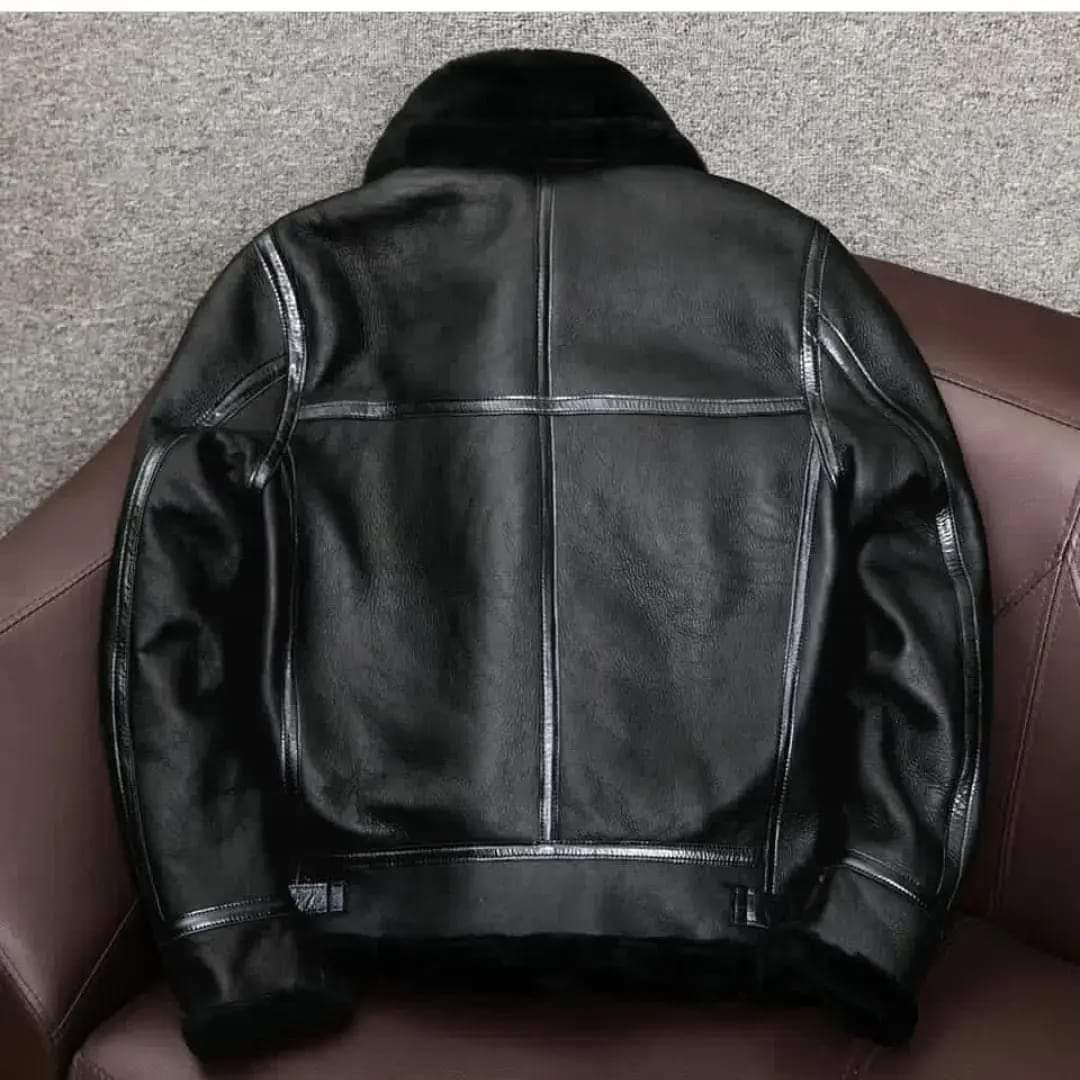 Men Black Punk Fur Jacket, Men Black Sheep Leather Bomber