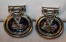 Handsome Heavy Double-Rimmed Blue Glass Marbled Silvertone CLIP Earrings