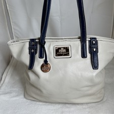 Rowallan Cream With Navy Trim And Handle Pebble Leather Tote Bag