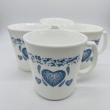 Vtg Set of 4 Corelle Corning Ware Sponge Blue Heart Coffee Mugs Tea Cups Mint
