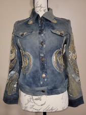 Chico's 0 Blue Acid Wash Denim Embroidered Jean Jacket Gold Beaded Sequin Small