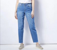 Susan Graver Straight Ankle Jean with Frayed Hem-Medium Wash-Petite 6 A484849