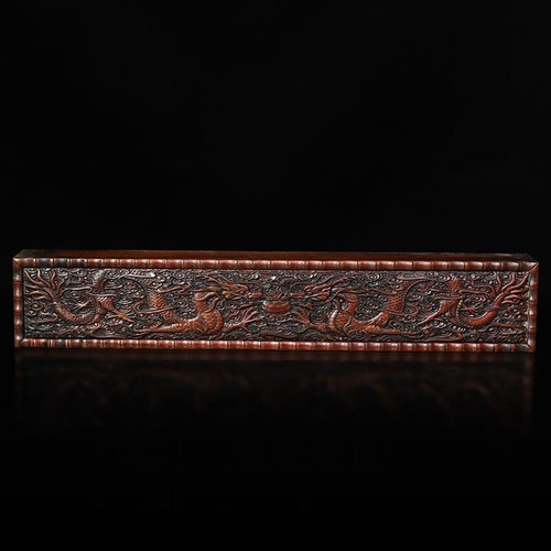 Antique Rosewood Carving Double Dragons Playing With Pearls Pull Open Box - Picture 2 of 5