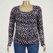 Geoffrey Beene Sport Stripe Pleated Scoop Neck Blouse Shirt XL Purple Black Mesh