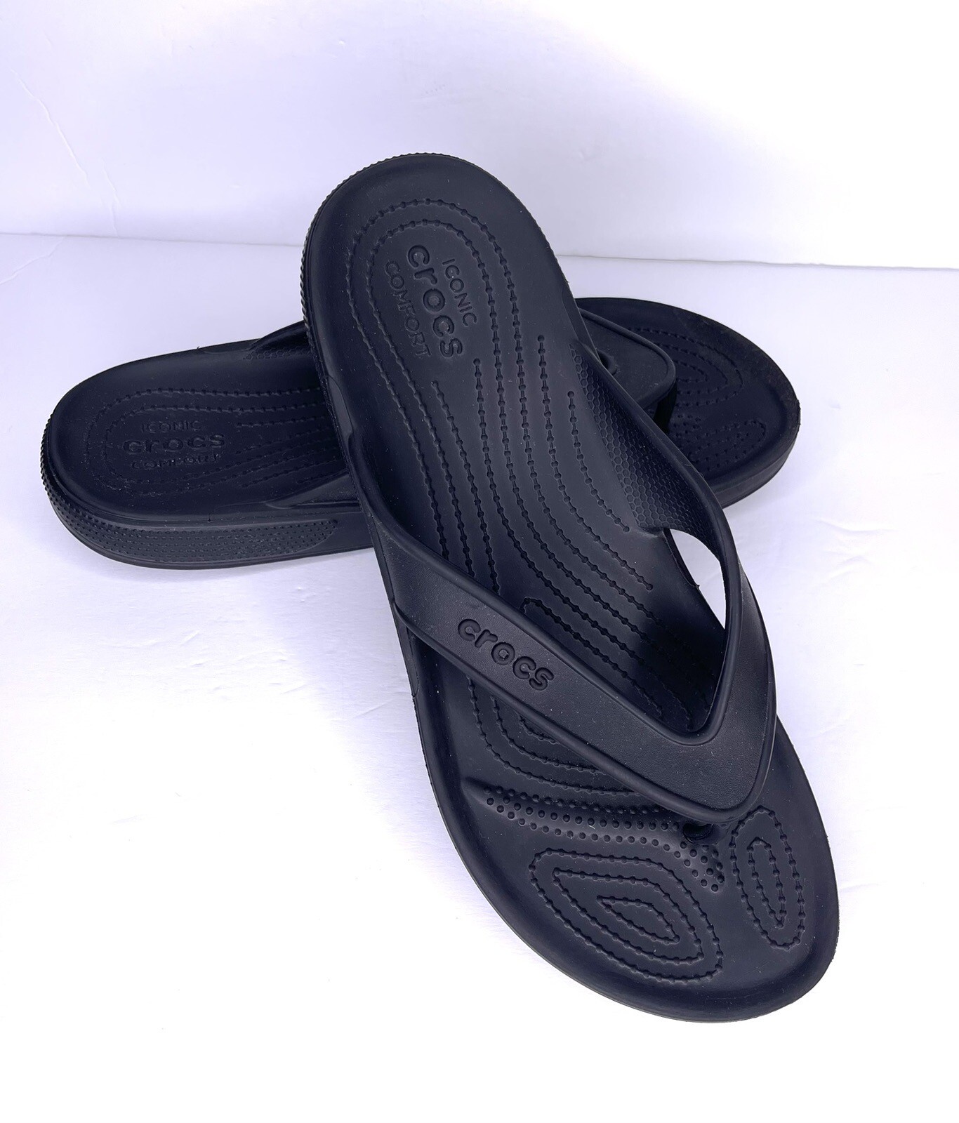 Crocs Men's Size 11 Black Iconic Comfort Flip Flop Th… Gem